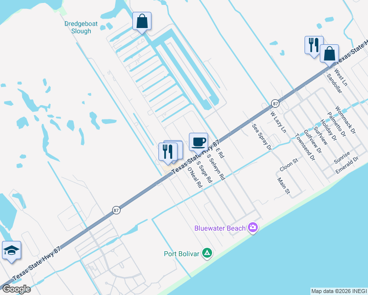 map of restaurants, bars, coffee shops, grocery stores, and more near 1024 O' Neil Road in Bolivar Peninsula