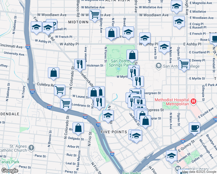 map of restaurants, bars, coffee shops, grocery stores, and more near 1720 North Flores Street in San Antonio