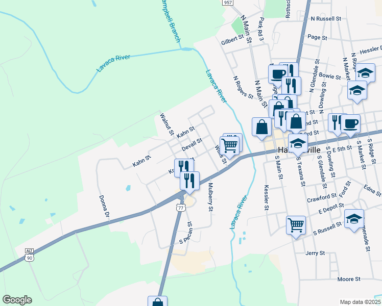 map of restaurants, bars, coffee shops, grocery stores, and more near 106 Walnut Street in Hallettsville