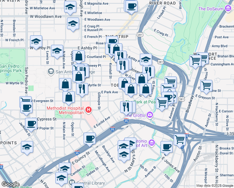 map of restaurants, bars, coffee shops, grocery stores, and more near 626 East Park Avenue in San Antonio