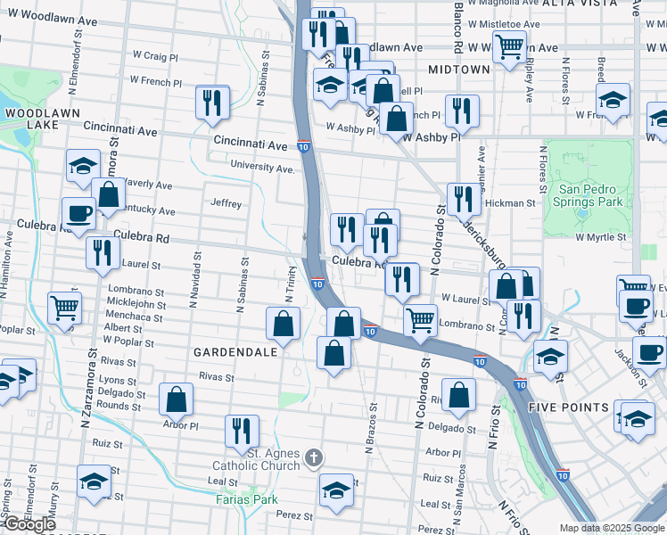 map of restaurants, bars, coffee shops, grocery stores, and more near 1407 West Laurel Street in San Antonio