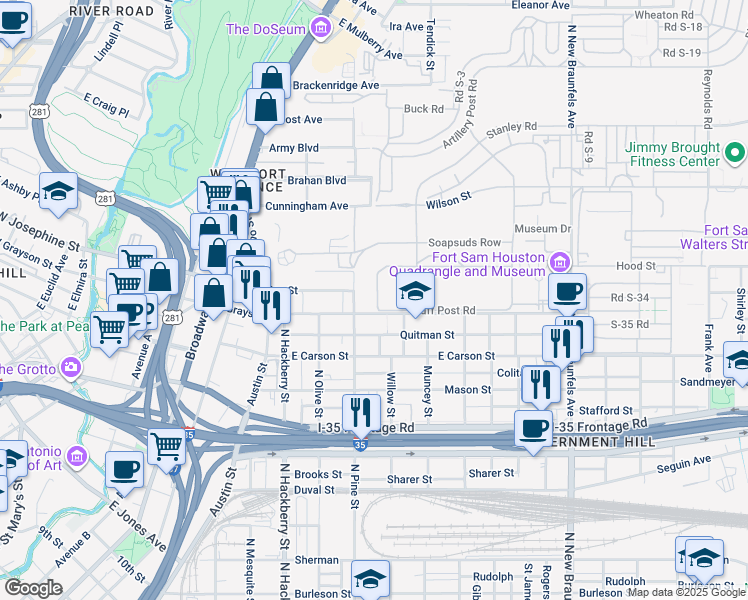 map of restaurants, bars, coffee shops, grocery stores, and more near 2 Staff Post Road in San Antonio
