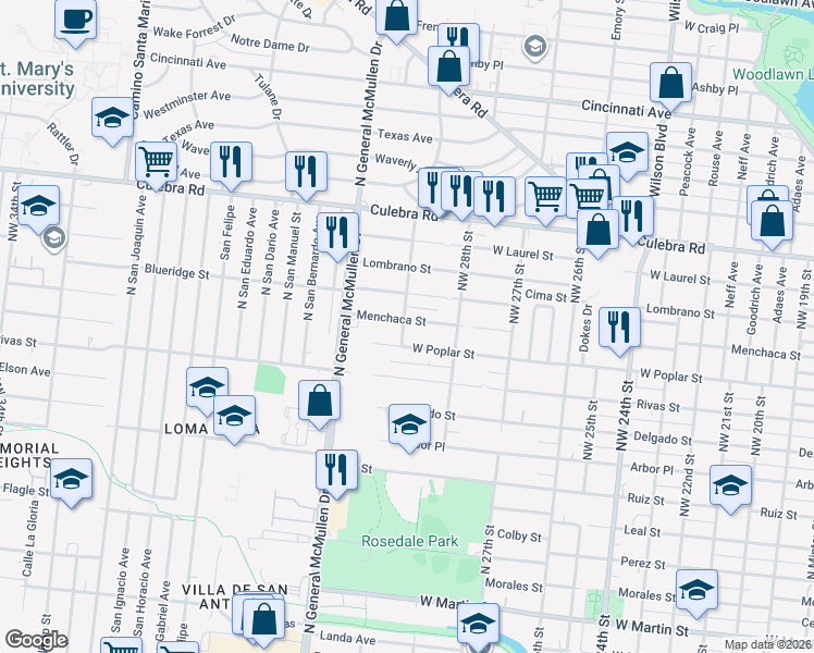 map of restaurants, bars, coffee shops, grocery stores, and more near 2650 Menchaca Street in San Antonio
