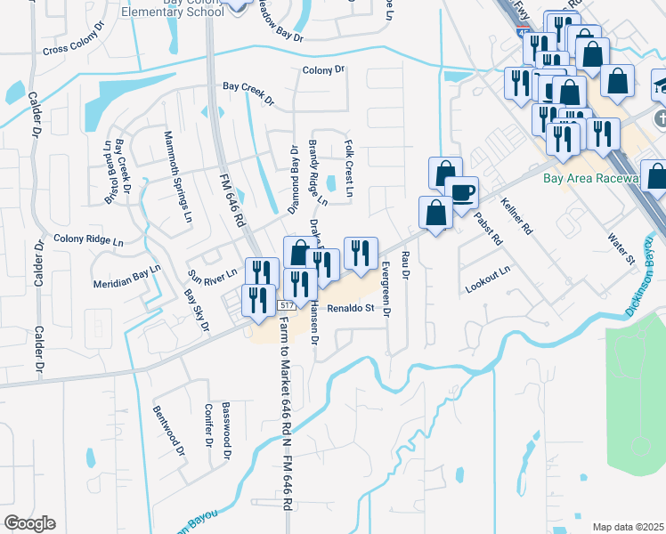 map of restaurants, bars, coffee shops, grocery stores, and more near 689 Farm to Market Road 517 in Dickinson