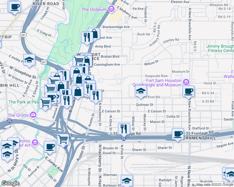 map of restaurants, bars, coffee shops, grocery stores, and more near 819 East Grayson Street in San Antonio