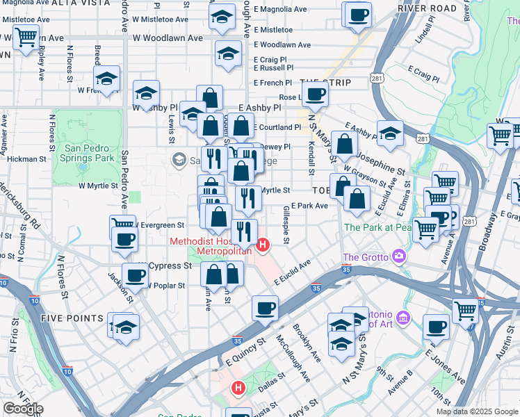 map of restaurants, bars, coffee shops, grocery stores, and more near 306 East Park Avenue in San Antonio
