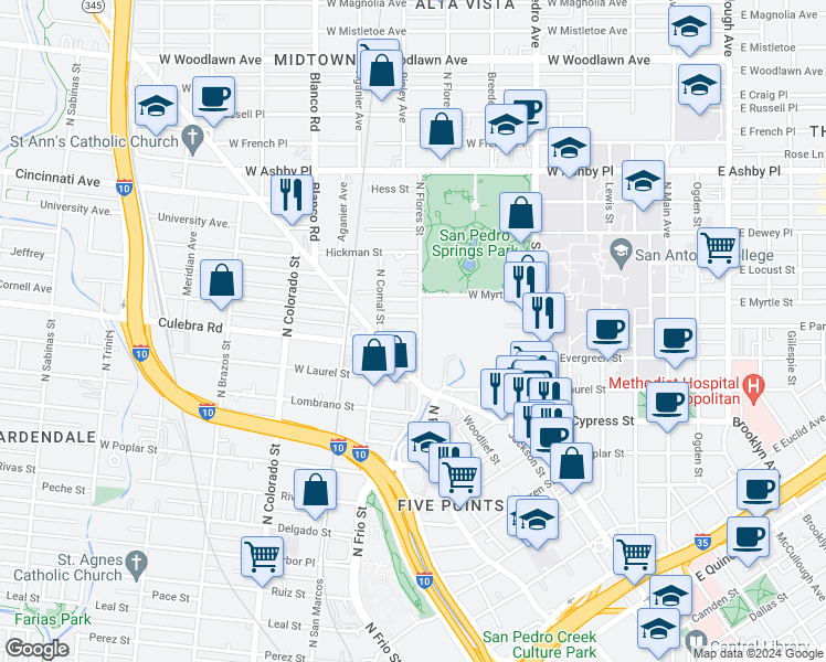 map of restaurants, bars, coffee shops, grocery stores, and more near 1720 North Flores Street in San Antonio