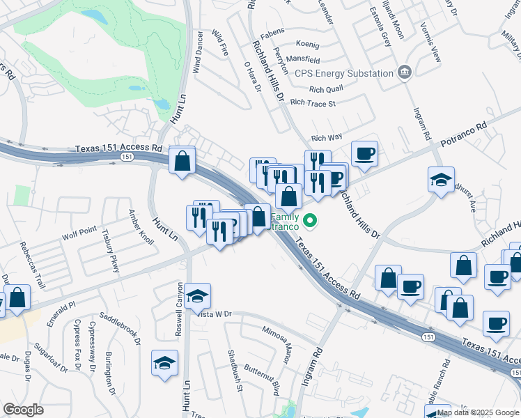 map of restaurants, bars, coffee shops, grocery stores, and more near 9001 Raymond E. Stotzer Junior Freeway in San Antonio