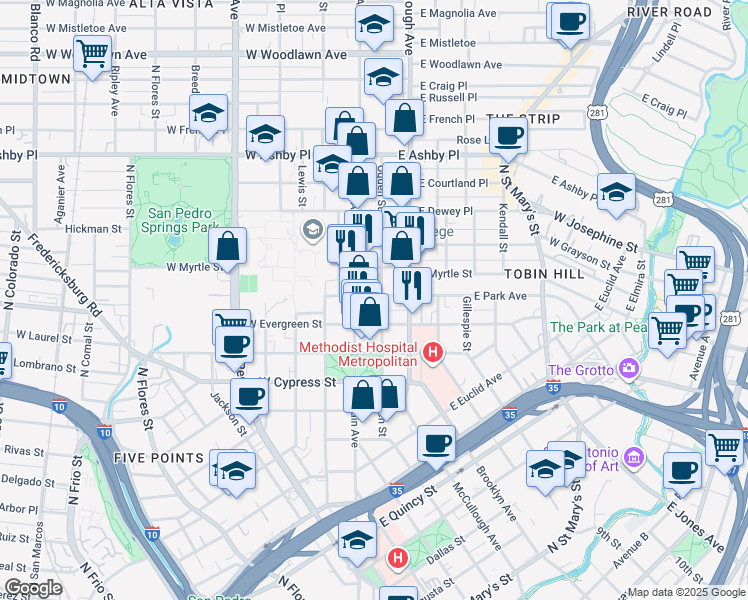 map of restaurants, bars, coffee shops, grocery stores, and more near 520 Ogden Street in San Antonio