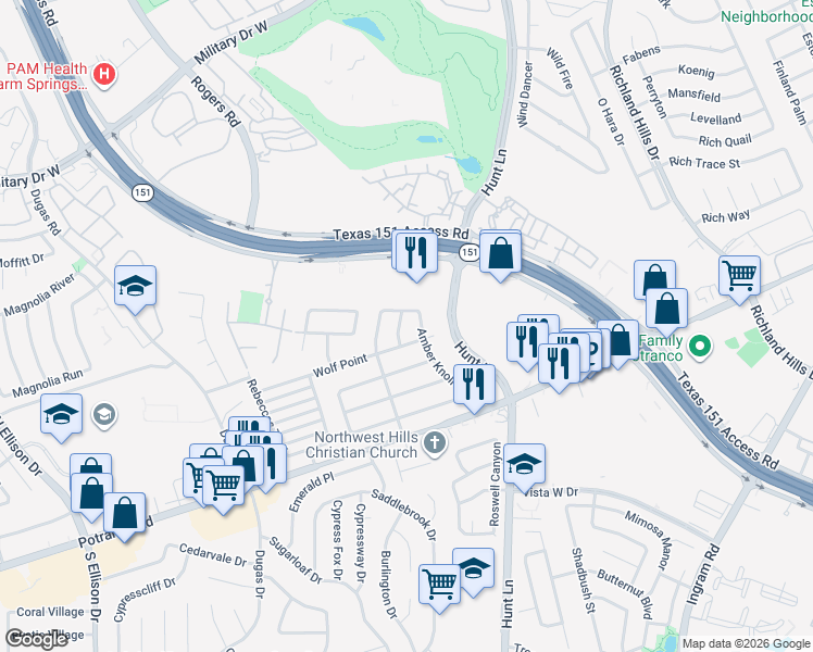 map of restaurants, bars, coffee shops, grocery stores, and more near 906 Rustling Cove in San Antonio