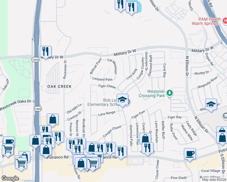 map of restaurants, bars, coffee shops, grocery stores, and more near 1012 Lion King in San Antonio