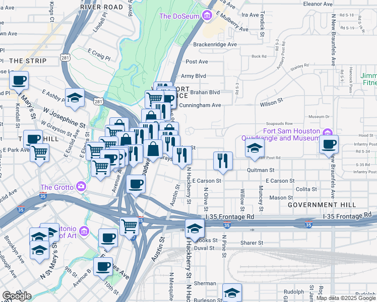 map of restaurants, bars, coffee shops, grocery stores, and more near 718 East Josephine Street in San Antonio