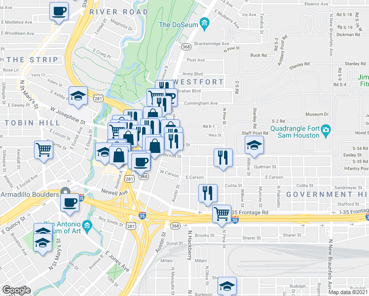 map of restaurants, bars, coffee shops, grocery stores, and more near 718 East Josephine Street in San Antonio