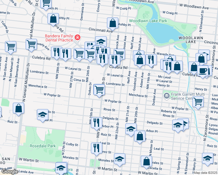 map of restaurants, bars, coffee shops, grocery stores, and more near 112 Blue Ridge Drive in San Antonio