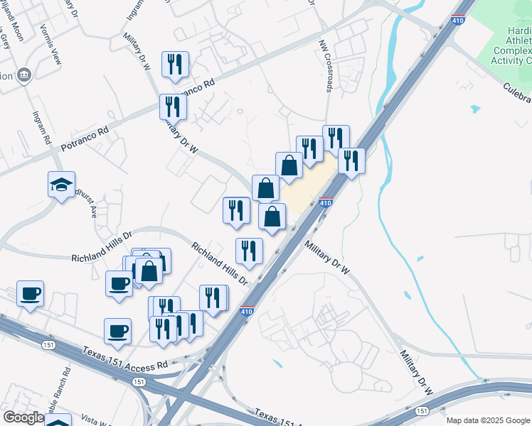 map of restaurants, bars, coffee shops, grocery stores, and more near 7555 Northwest Loop 410 in San Antonio
