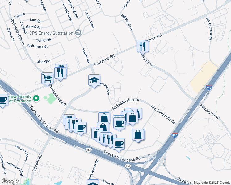 map of restaurants, bars, coffee shops, grocery stores, and more near 438 Richland Hills Drive in San Antonio