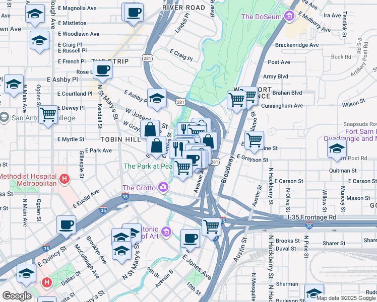 map of restaurants, bars, coffee shops, grocery stores, and more near 200 East Grayson Street in San Antonio