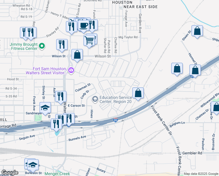 map of restaurants, bars, coffee shops, grocery stores, and more near A Road in San Antonio