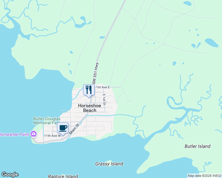 map of restaurants, bars, coffee shops, grocery stores, and more near 132 1st Avenue East in Horseshoe Beach