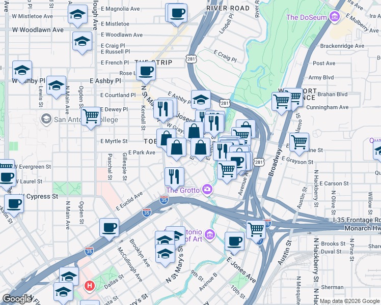 map of restaurants, bars, coffee shops, grocery stores, and more near 760 East Myrtle Street in San Antonio