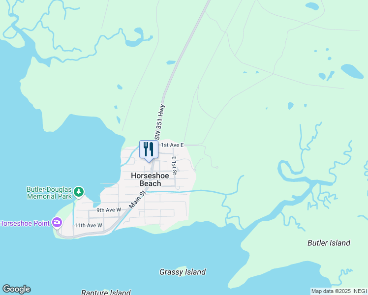 map of restaurants, bars, coffee shops, grocery stores, and more near 132 1st Avenue East in Horseshoe Beach