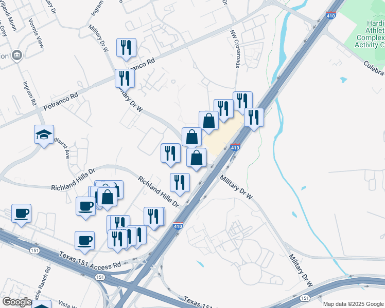 map of restaurants, bars, coffee shops, grocery stores, and more near 7555 Northwest Loop 410 in San Antonio