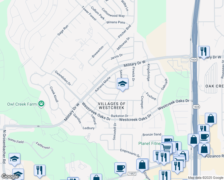 map of restaurants, bars, coffee shops, grocery stores, and more near 11839 James Vinson in San Antonio