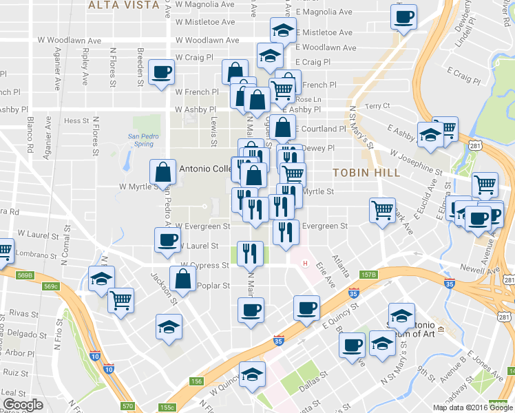 map of restaurants, bars, coffee shops, grocery stores, and more near 107 E Park Ave in San Antonio