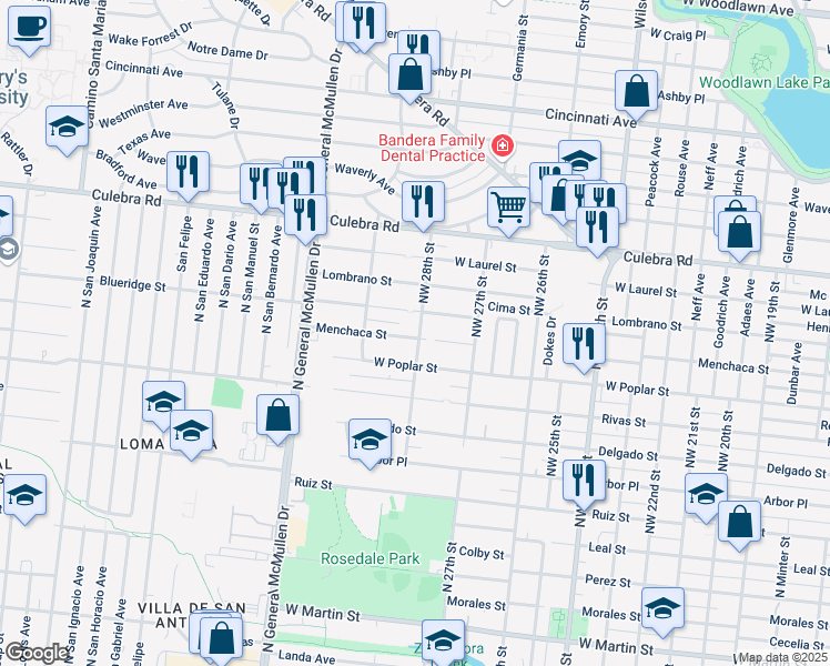 map of restaurants, bars, coffee shops, grocery stores, and more near 2614 Menchaca Street in San Antonio