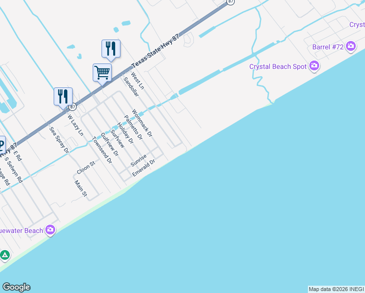 map of restaurants, bars, coffee shops, grocery stores, and more near 1410 Gulf Road in Bolivar Peninsula