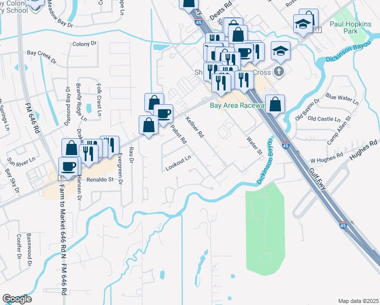 map of restaurants, bars, coffee shops, grocery stores, and more near 408 Lookout Lane in Dickinson