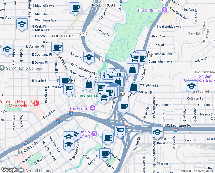 map of restaurants, bars, coffee shops, grocery stores, and more near 200 East Grayson Street in San Antonio