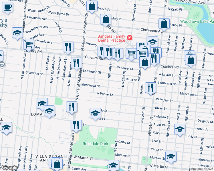 map of restaurants, bars, coffee shops, grocery stores, and more near 2614 Menchaca Street in San Antonio