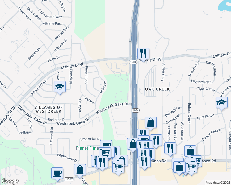 map of restaurants, bars, coffee shops, grocery stores, and more near 1218 Creek Ranch in San Antonio