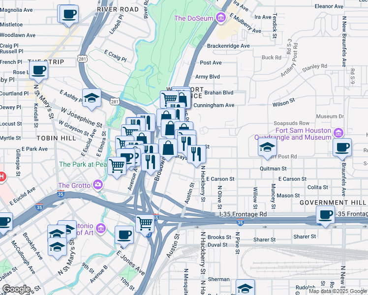 map of restaurants, bars, coffee shops, grocery stores, and more near in San Antonio