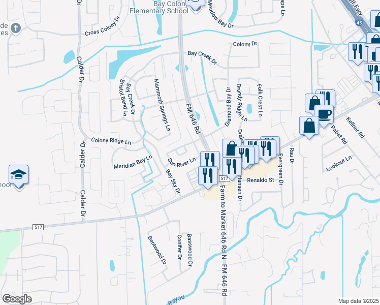 map of restaurants, bars, coffee shops, grocery stores, and more near 2888 Colony Cone Circle in Dickinson