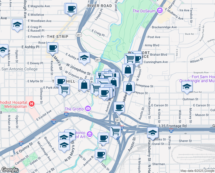 map of restaurants, bars, coffee shops, grocery stores, and more near 200 East Grayson Street in San Antonio