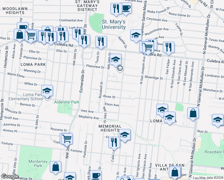 map of restaurants, bars, coffee shops, grocery stores, and more near 3631 Rivas Street in San Antonio