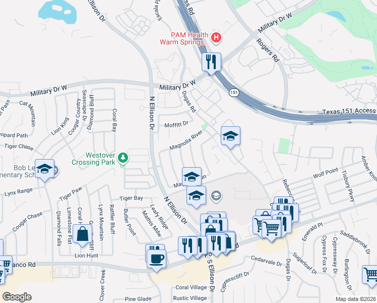 map of restaurants, bars, coffee shops, grocery stores, and more near 922 Magnolia Bend in San Antonio