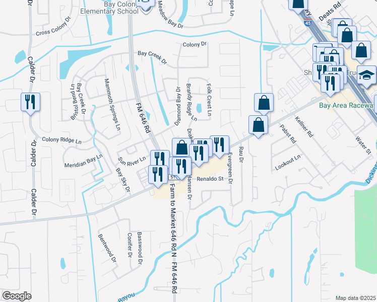 map of restaurants, bars, coffee shops, grocery stores, and more near 207 Drake Run Lane in Dickinson