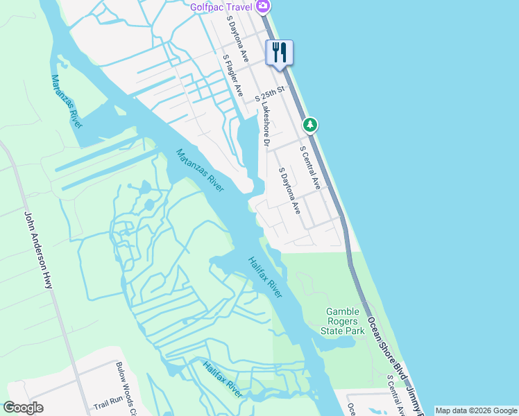 map of restaurants, bars, coffee shops, grocery stores, and more near 624 Riverview Road in Flagler Beach
