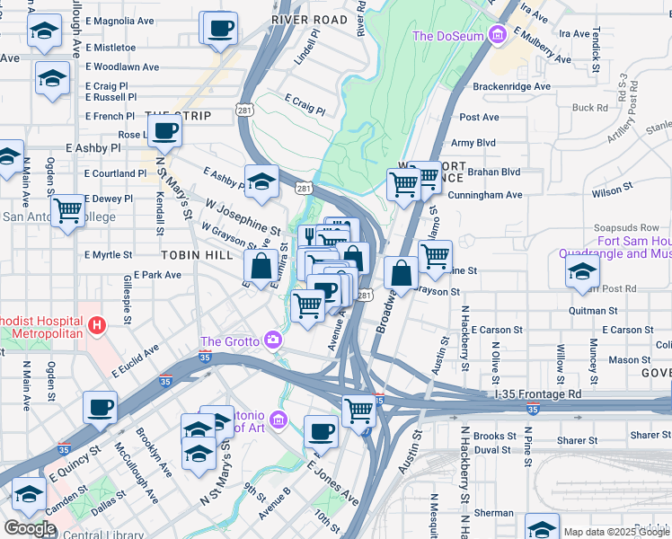map of restaurants, bars, coffee shops, grocery stores, and more near 200 East Grayson Street in San Antonio