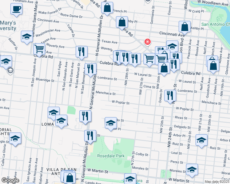 map of restaurants, bars, coffee shops, grocery stores, and more near 2614 Menchaca Street in San Antonio