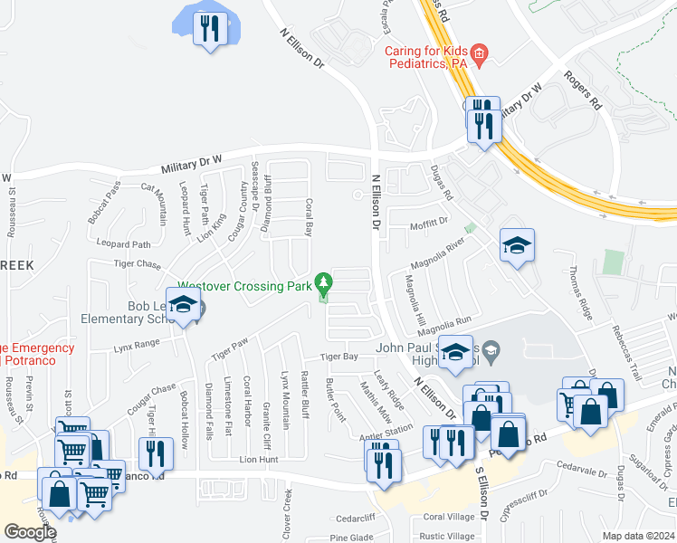 map of restaurants, bars, coffee shops, grocery stores, and more near 10142 Amber Flora Drive in San Antonio