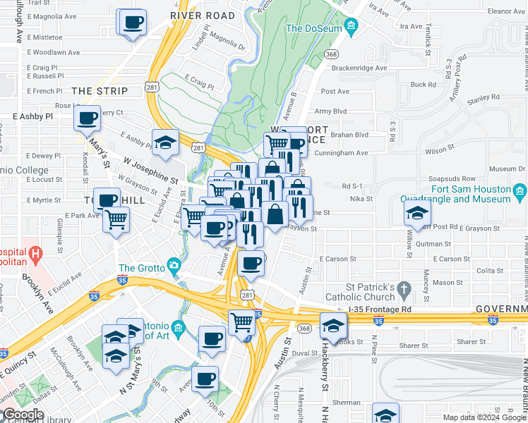 map of restaurants, bars, coffee shops, grocery stores, and more near 1825 Broadway in San Antonio