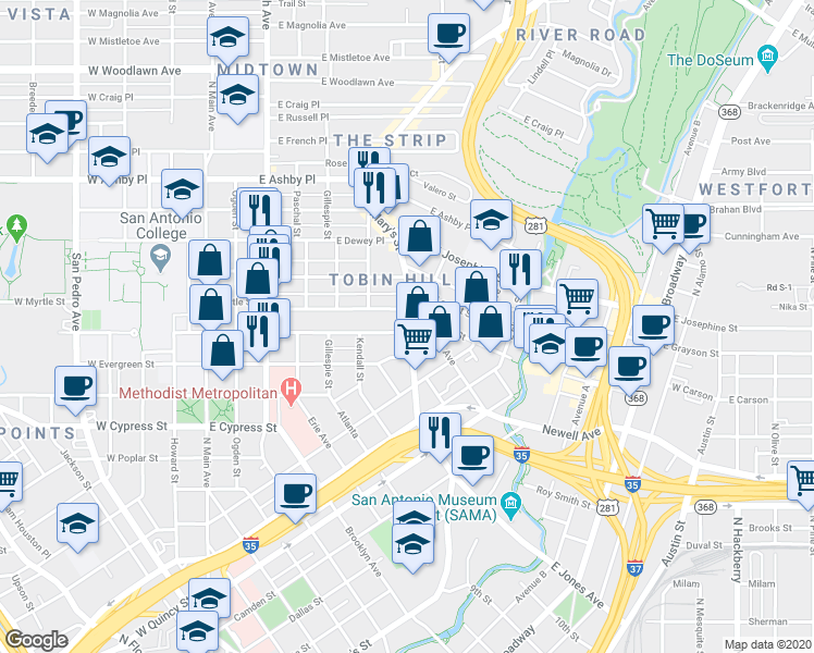 map of restaurants, bars, coffee shops, grocery stores, and more near 626 East Park Avenue in San Antonio