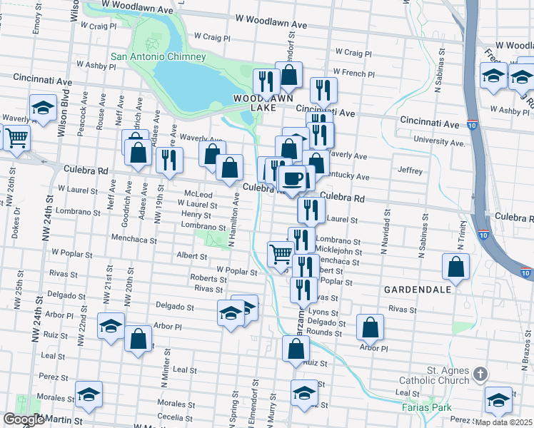 map of restaurants, bars, coffee shops, grocery stores, and more near 202 Henry Street in San Antonio