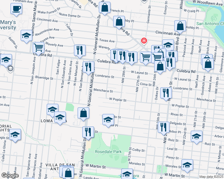 map of restaurants, bars, coffee shops, grocery stores, and more near 2614 Menchaca Street in San Antonio