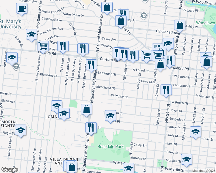 map of restaurants, bars, coffee shops, grocery stores, and more near 2650 Menchaca Street in San Antonio