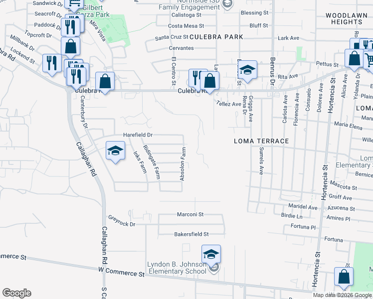 map of restaurants, bars, coffee shops, grocery stores, and more near 900 Laven Drive in San Antonio